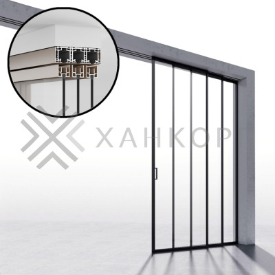 Комплект раздвижной системы DSK-190.3.2R AL/BL на 3 двери (3+0) Правое открывание, открытое крепление в проем, алюминий/черный
