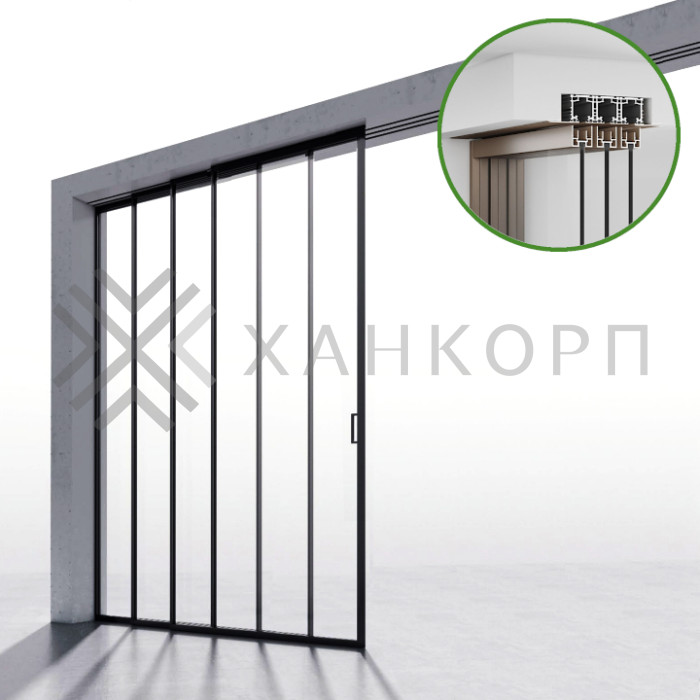 Комплект раздвижной системы DSK-190.4.1L AL/BL на 4 двери (4+0) Левое открывание, скрытое крепление в проем, алюминий/черный