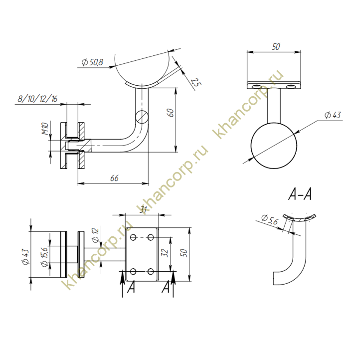Литой держатель FOP-50.21 на стекло 10-20 мм для трубы круглой O50.8 мм,GRIT 320,нержавейка/матовый