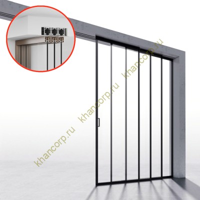 Комплект раздвижной системы Диона DSK-190.4.1R AL/MW на 4 двери (4+0) Правое открывание, скрытое крепление в проем, алюминий/черный с белой крышкой