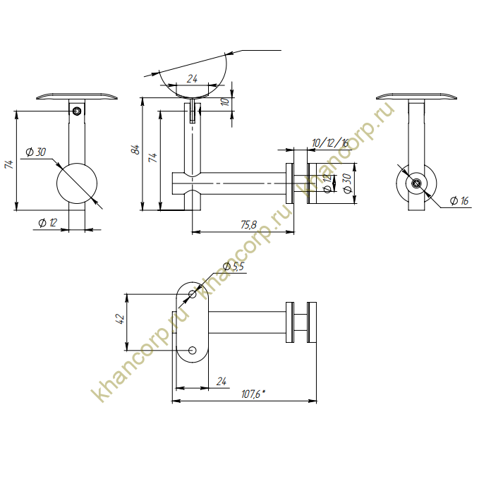 Регулируемый держатель FOP-50.20 на стекло 10-20 мм для трубы O50.8 мм, GRIT 320, нержавейка/матовый