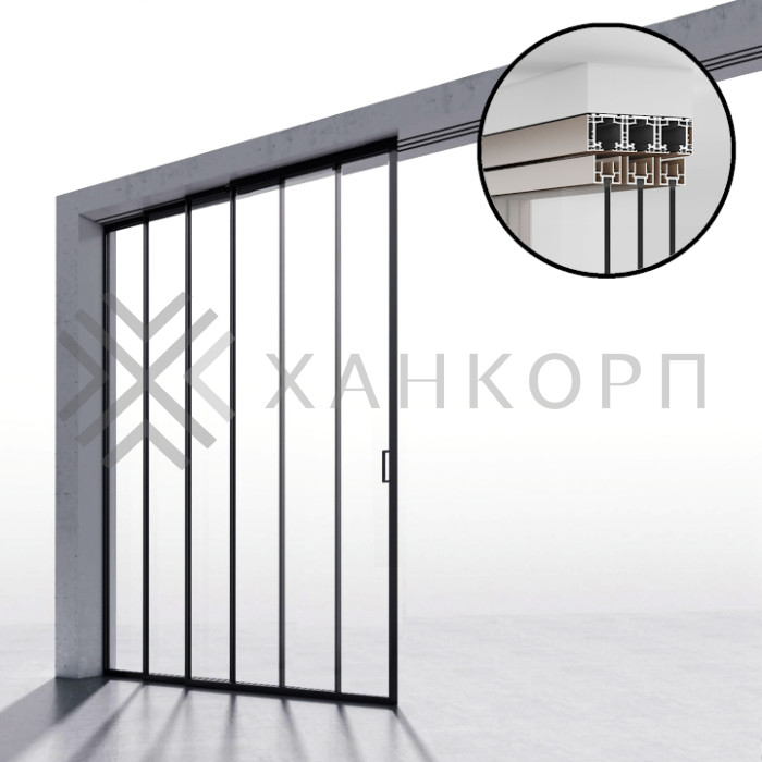Комплект раздвижной системы DSK-190.4.2L AL/BL на 4 двери (4+0) Левое открывание, открытое крепление в проем, алюминий/черный