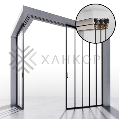 Комплект угловой раздвижной системы DSK-193.6.2 AL/BL, 3х3 двери, открытое крепление в потолок или проем, алюминий/черный