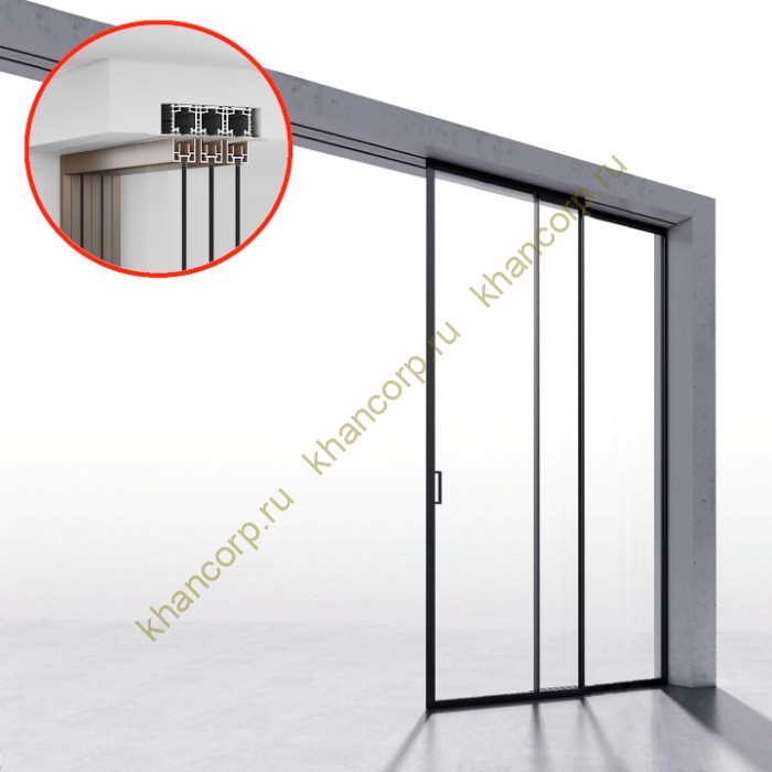 Комплект раздвижной системы Диона DSK-190.1.1.1 AL/MW на 1 дверь (1+1) скрытое крепление в потолок, алюминий/черный с белой крышкой