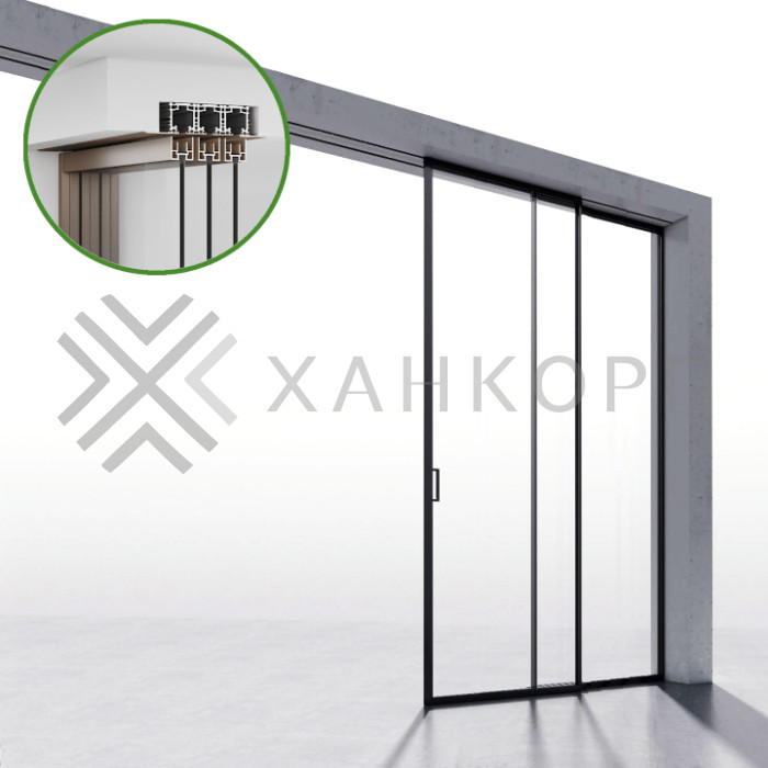Комплект раздвижной системы DSK-190.1.1.1 AL/BL на 1 дверь (1+1) скрытое крепление в потолок,алюминий/черный