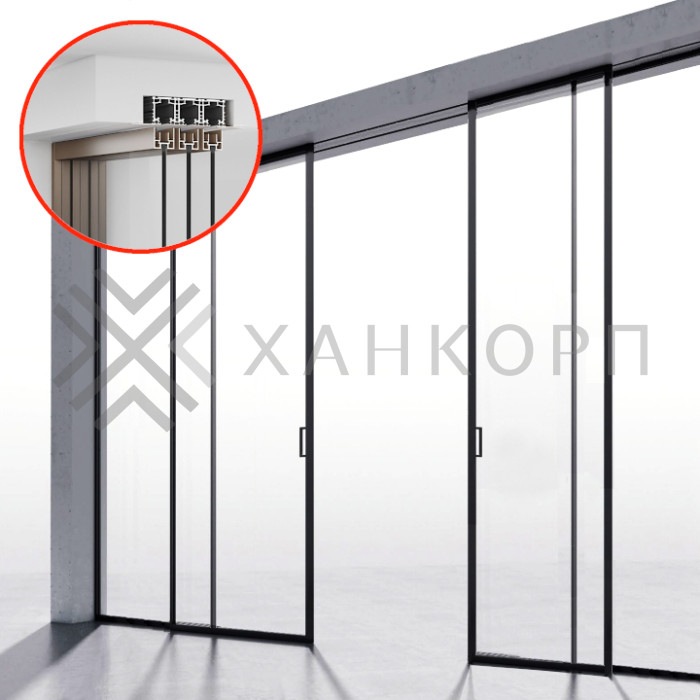 Комплект раздвижной системы DSK-191.2.1.2 AL/MW синхро на 2 двери (2C+2) скрытое крепление в потолок, алюминий/белый