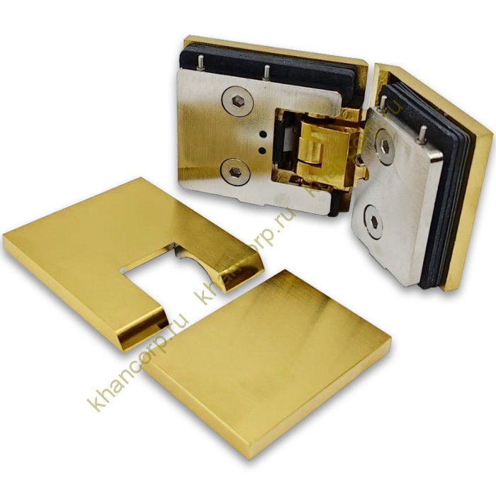 Петля Афродита FDP-234 стекло-стекло 135° с крышками, латунь/брашированное золото