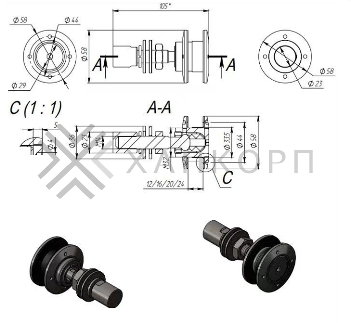 Рутель шарнирный FN-100 без зенковки с гайкой M14, нержавейка/матовый