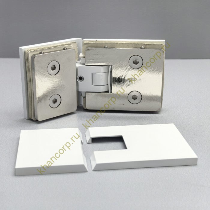 Петля Афродита FDP-234 стекло-стекло 135° с крышками, латунь/белый