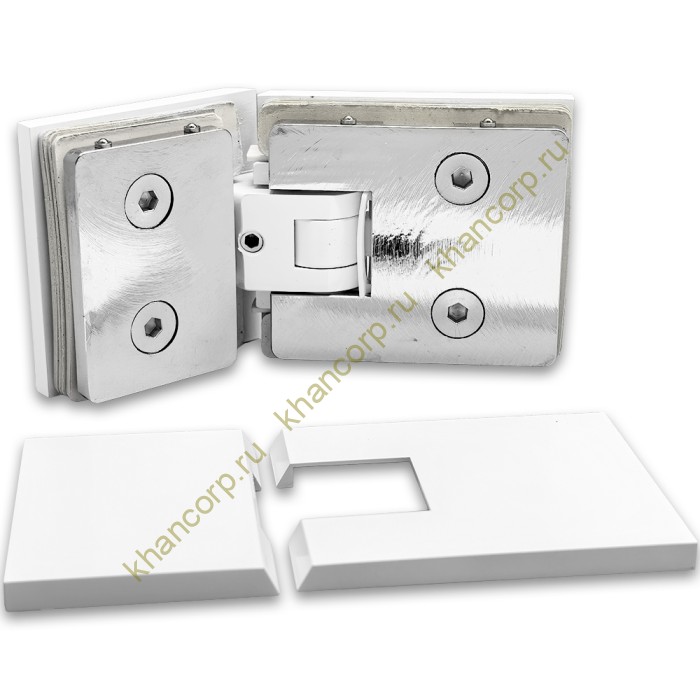 Петля Афродита FDP-234 стекло-стекло 135° с крышками, латунь/белый