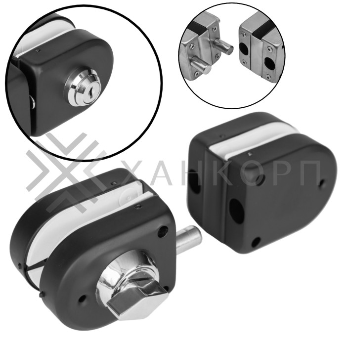 Замок FKZ-36 зажимной с круглым ригелем стекло-стекло ключ/защёлка, нержавейка/черный