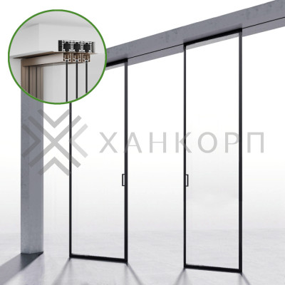 Комплект раздвижной системы DSK-191.2.1 AL/BL синхро на 2 двери (2С+0) скрытое крепление в потолок, алюминий/черный