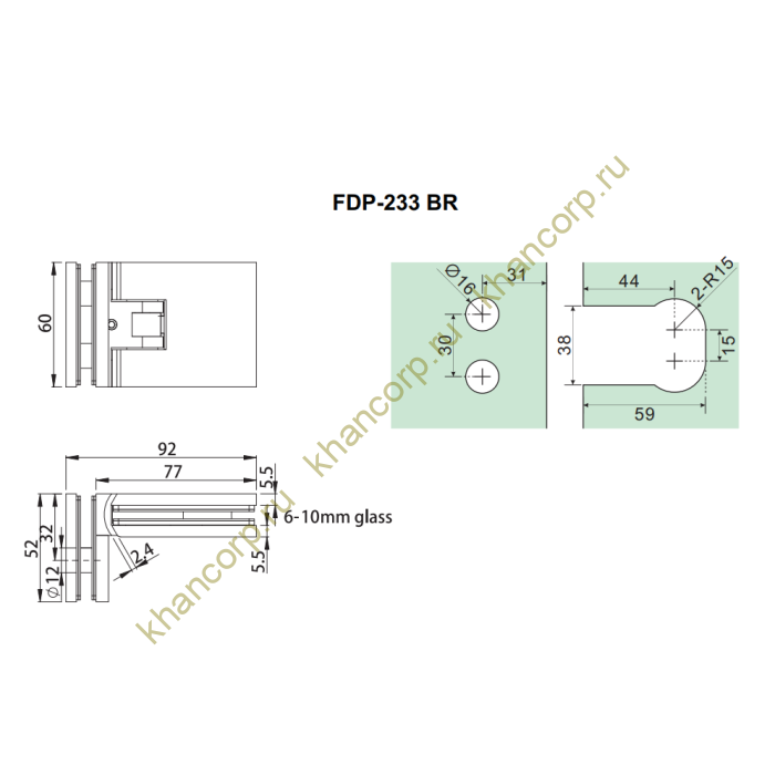 Петля Афродита FDP-233, стекло-стекло 90° с крышками, латунь/матовый