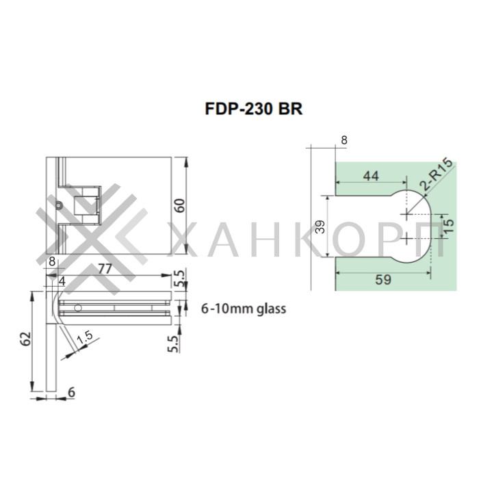 Петля Афродита FDP-230, стена-стекло 90° с крышками, латунь/оружейная сталь