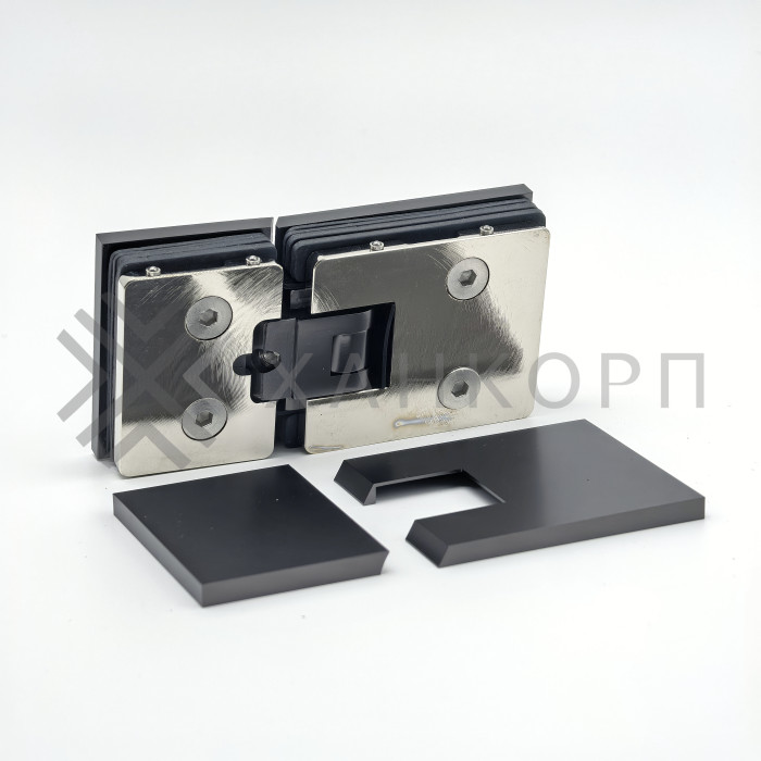 Петля Афродита FDP-232, стекло-стекло 180° с крышками, латунь/оружейная сталь