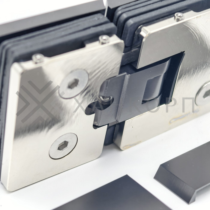 Петля Афродита FDP-232, стекло-стекло 180° с крышками, латунь/оружейная сталь