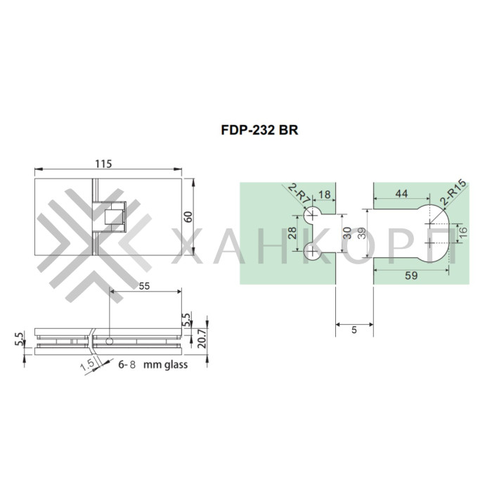 Петля Афродита FDP-232, стекло-стекло 180° с крышками, латунь/оружейная сталь