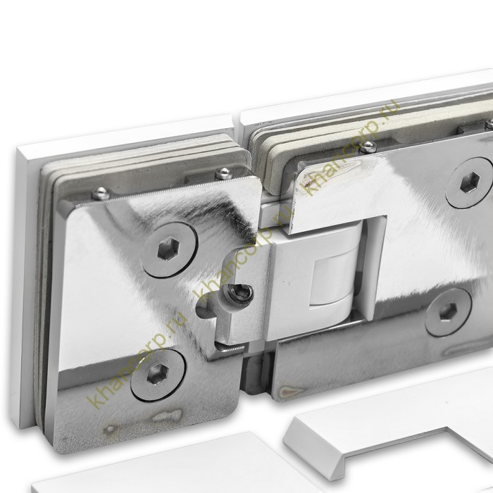 Петля Афродита FDP-232, стекло-стекло 180° с крышками, латунь/белый