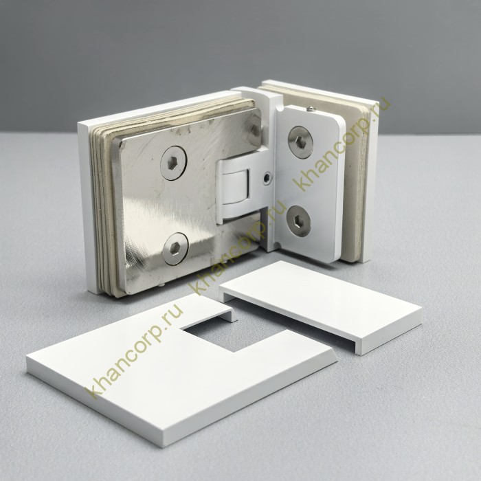 Петля Афродита FDP-233, стекло-стекло 90° с крышками, латунь/белый