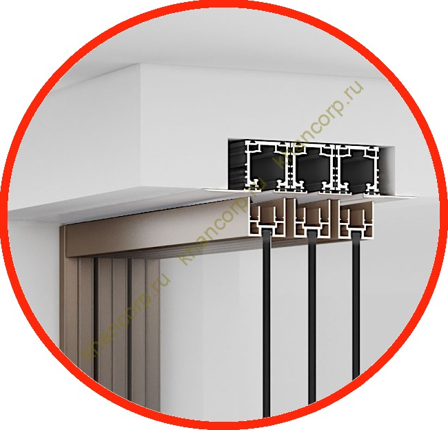 Комплект раздвижной системы синхро Диона DSK-191.2.1 AL/BN-MW на 2 двери (2C+0) скрытое крепление в потолок, алюминий/коричневый с белой потолочной крышкой