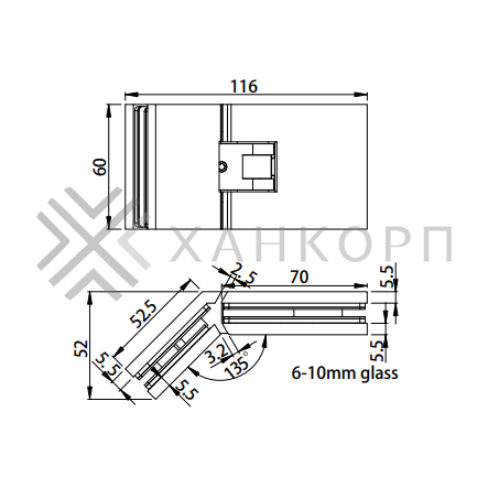 Петля Афродита FDP-234, стекло-стекло 135° с крышками, латунь/хром