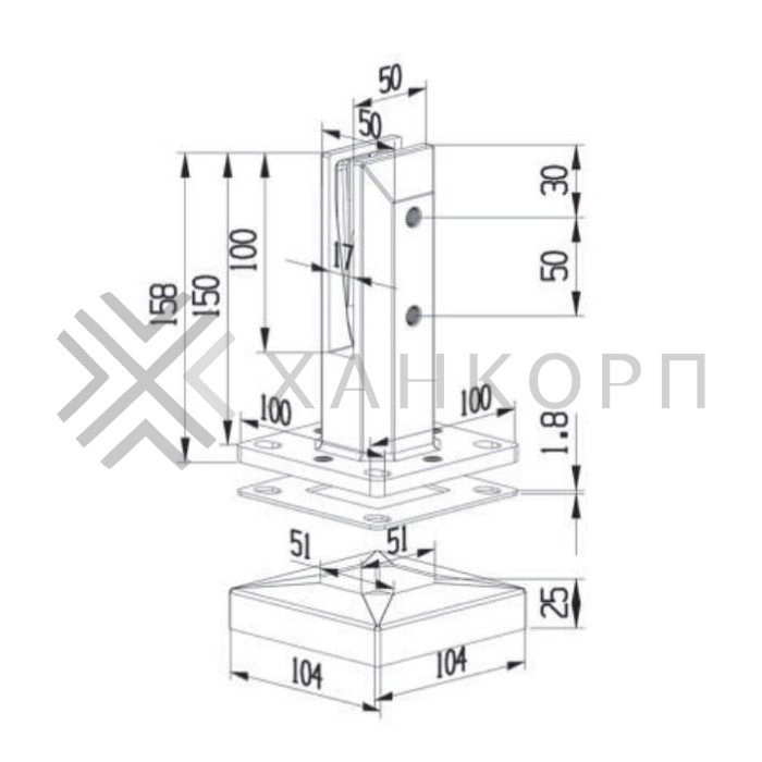 Стойка ПРЕМИУМ FOS-102 для стекла напольная 100х158 мм без сверления, дюплекс/черный