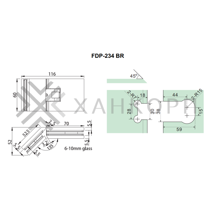 Петля Афродита FDP-234, стекло-стекло 135° с крышками, латунь/матовый