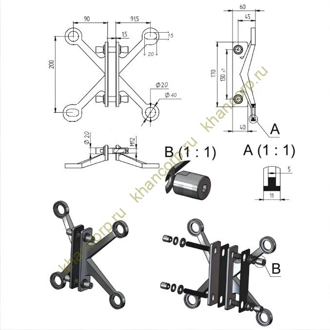 Спайдер FNS-008 на ребро жесткости двусторонний 4 точки, нержавейка/матовый