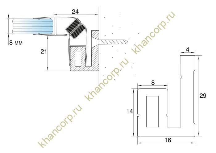 Профиль FDPA-56.25 для крепления уплотнителя к стене 8 мм, 2.5 м, алюминий/полированный