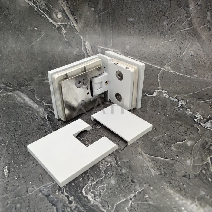 Петля Аврора FDP-184 стекло-стекло 90˚ с крышками, латунь/белый