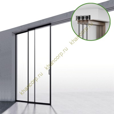Комплект раздвижной системы Диона DSK-194.2.1L AL/BL на 2 двери в нишу с отталкивающим механизмом, левое открывание, скрытое крепление, алюминий/черный