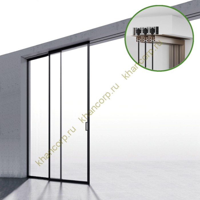 Комплект раздвижной системы Диона DSK-194.2.1L AL/BL на 2 двери в нишу с отталкивающим механизмом, левое открывание, скрытое крепление, алюминий/черный