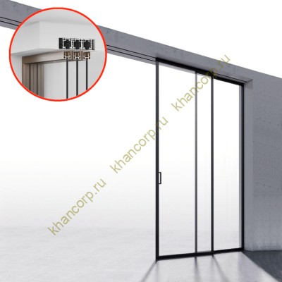 Комплект раздвижной системы Диона DSK-194.2.1R AL/BL-MW на 2 двери в нишу с отталкивающим механизмом, правое открывание, скрытое крепление, алюминий/черный с белой крышкой
