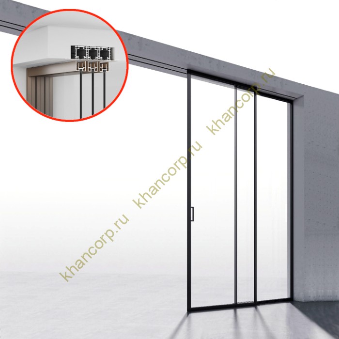 Комплект раздвижной системы Диона DSK-194.2.1R AL/BL-MW на 2 двери в нишу с отталкивающим механизмом, правое открывание, скрытое крепление, алюминий/черный с белой крышкой