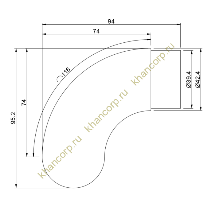 Отвод оконечный FOP-42.04 "капля" со вставкой, для трубы Ø42.4*1.5 мм, GRIT 600, нержавейка/полированный