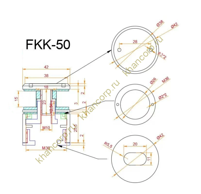 Точечное креплениеFKK-50, O42мм с регулировкой в 3 плоскостях 34-38мм, для стекла 6-17мм, нержавейка/матовый