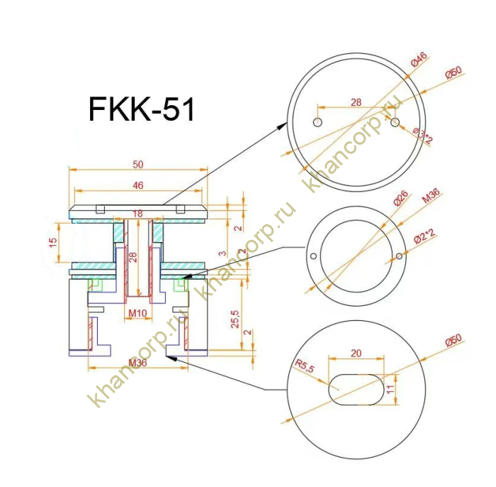 Точечное крепление FKK-51, O50мм с регулировкой в 3 плоскостях 34-38мм, для стекла 6-20мм, нержавейка/черный