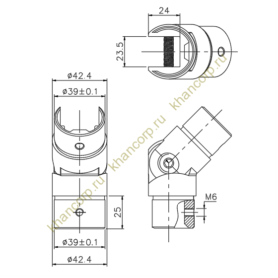 Отвод поворотный FOP-42p.09 шарнирный, для поручня Ø42.4 мм с пазом, нержавейка/полированный