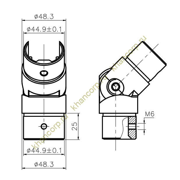 Отвод поворотный FOP-48p.09 шарнирный для поручня Ø48.3 мм с пазом, нержавейка/матовый