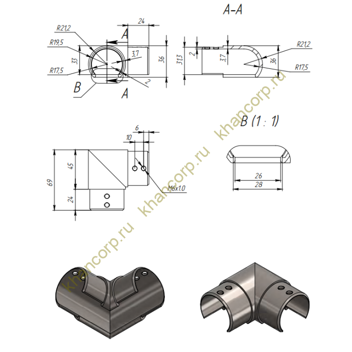 Отвод для поручня FOP-42p.07  угловой 90° с пазом, Ø42.4 мм, GRIT 600, нержавейка/полированный