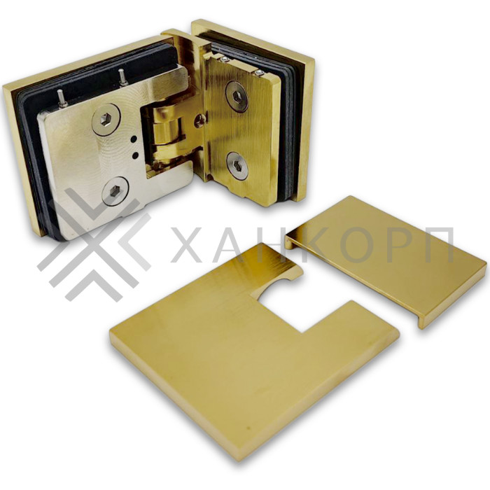 Петля Аврора FDP-184 стекло-стекло 90˚ с крышками, латунь/брашированное золото