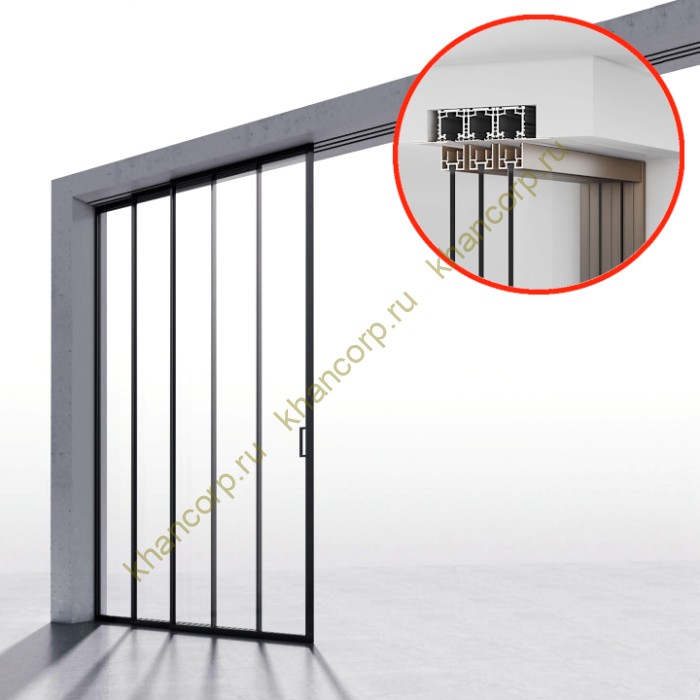 Комплект раздвижной системы Диона DSK-190.3.1L AL/MW на 3 двери (3+0) Левое открывание, скрытое крепление в проем, алюминий/черный с белой крышкой