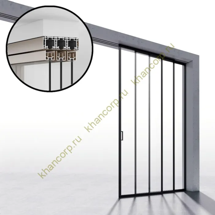 Комплект раздвижной системы Диона DSK-190.3.2R AL/BL на 3 двери (3+0) Правое открывание, открытое крепление в проем, алюминий/черный