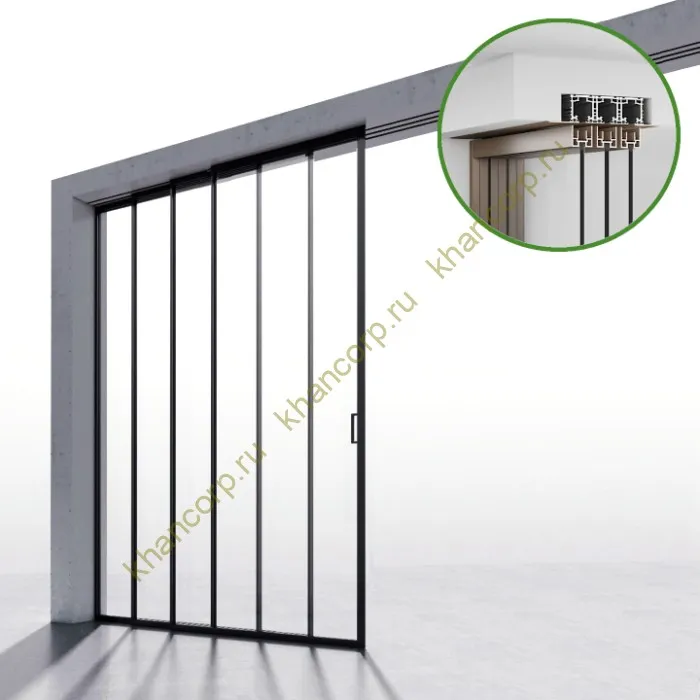 Комплект раздвижной системы Диона DSK-190.4.1L AL/BL на 4 двери (4+0) Левое открывание, скрытое крепление в проем, алюминий/черный