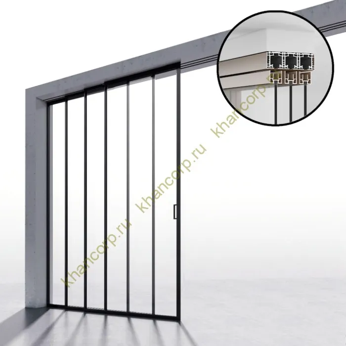 Комплект раздвижной системы Диона DSK-190.4.2L AL/BL на 4 двери (4+0) Левое открывание, открытое крепление в проем, алюминий/черный