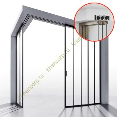 Комплект угловой раздвижной системы Диона DSK-193.6.1 AL/MW, 3х3 двери, скрытое крепление в потолок или проем, алюминий/черный с белой крышкой