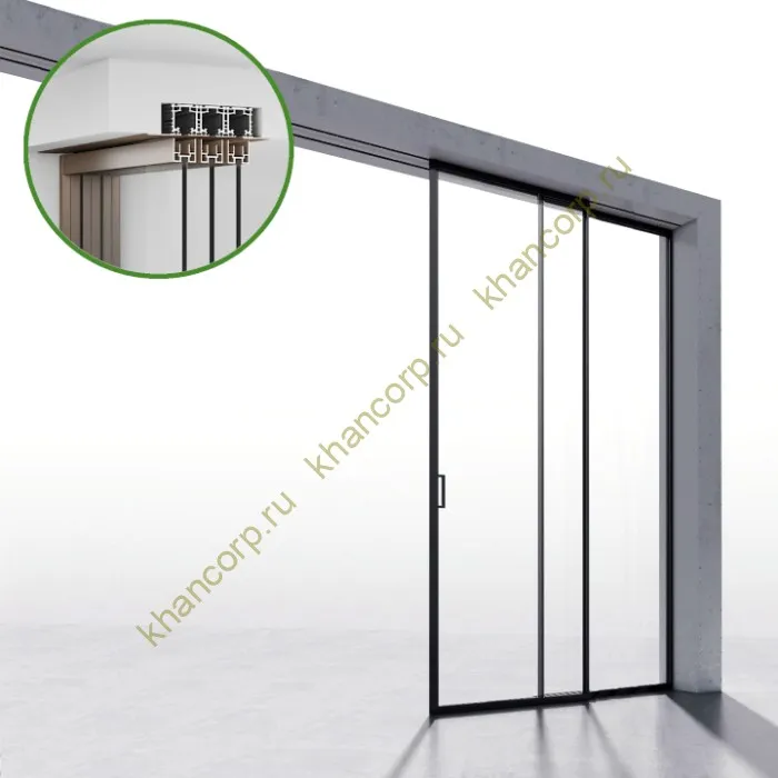 Комплект раздвижной системы Диона DSK-190.1.1.1 AL/BL на 1 дверь (1+1) скрытое крепление в потолок,алюминий/черный