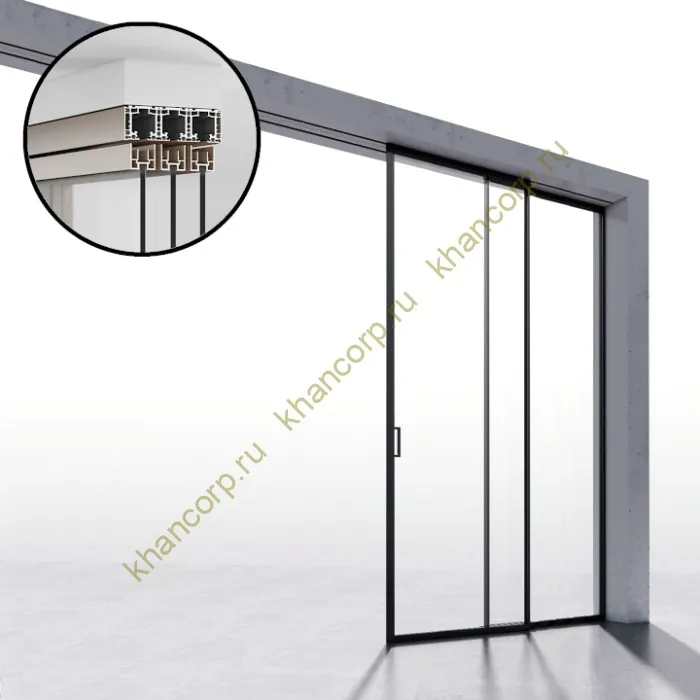 Комплект раздвижной системы Диона DSK-190.1.2.1 AL/BL на 1 дверь (1+1) открытое крепление в потолок, алюминий/черный