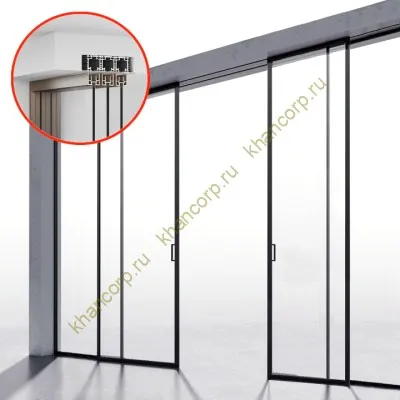 Комплект раздвижной системы Диона DSK-191.2.1.2 AL/MW синхро на 2 двери (2C+2) скрытое крепление в потолок, алюминий/черный с белой крышкой