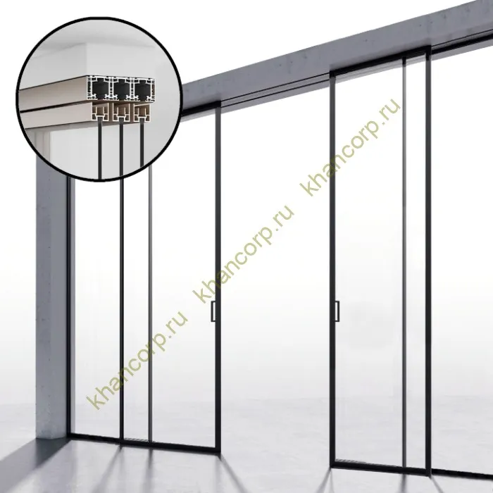 Комплект раздвижной системы Диона DSK-191.2.2.2 AL/BL синхро на 2 двери (2С+2) открытое крепление в потолок, алюминий/черный